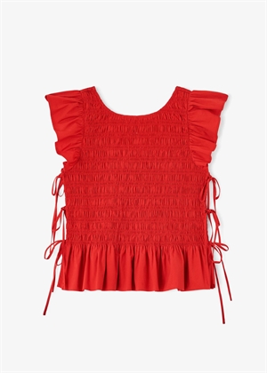 Stretch cotton angel sleeve smocked top Goji Berry A1040422 Ganni 